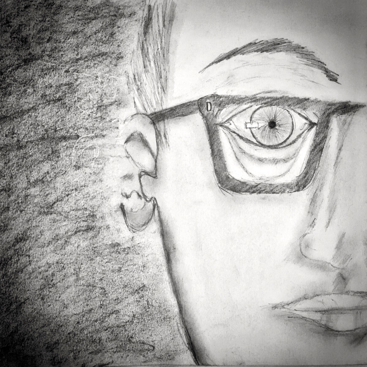 Aloka — a detailed pencil portrait with an expressive eye behind glasses