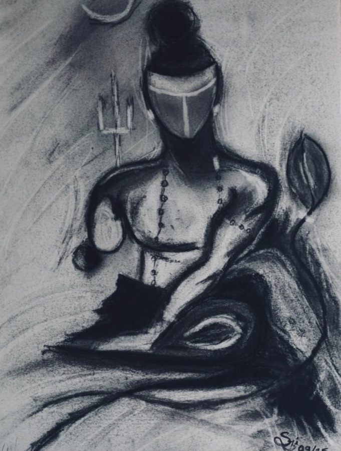 A seated meditative figure with a trident, crescent moon, and flowing drapery