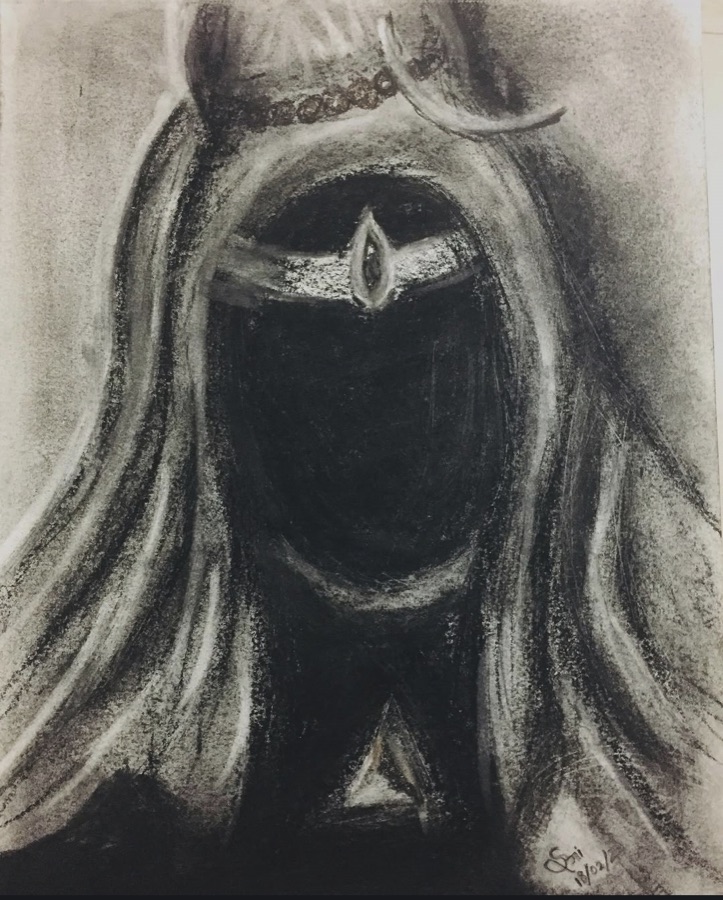 A long-haired sacred figure with a crescent moon and a third-eye motif